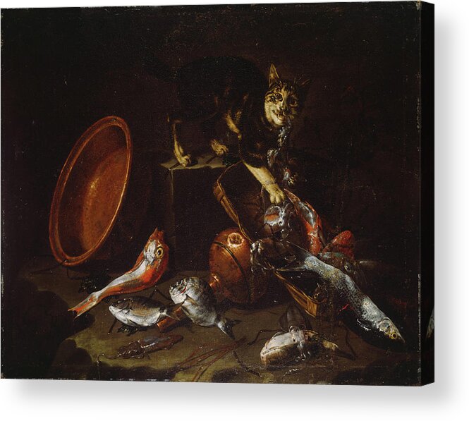 A Cat Stealing Fish Acrylic Print featuring the painting A Cat Stealing Fish by MotionAge Designs