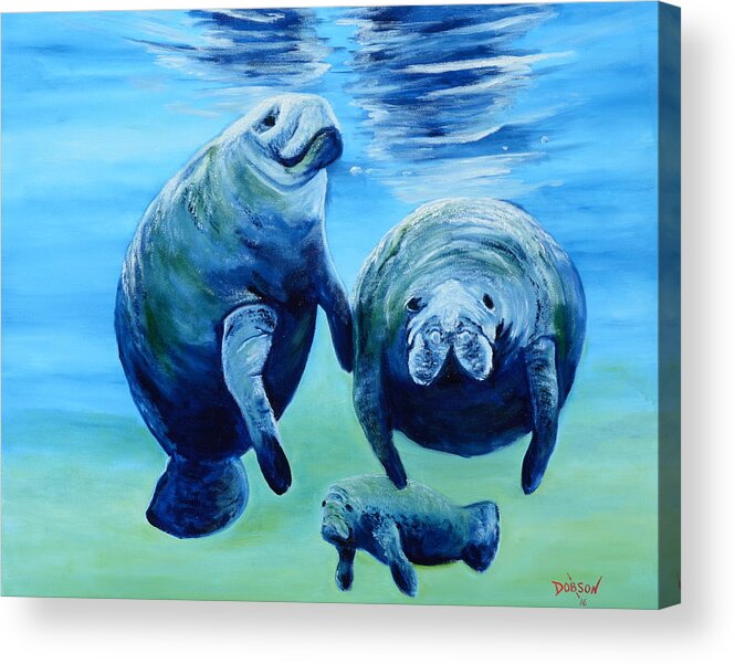 Manatee Acrylic Print featuring the painting A Manatee Family by Lloyd Dobson