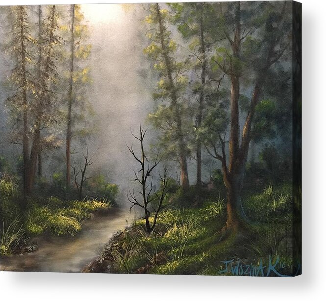 Forest Misty Light Stream River Lake Trees Sunshine Secluded Trees Pines Oak Tree Shining Acrylic Print featuring the painting A new day by Justin Wozniak