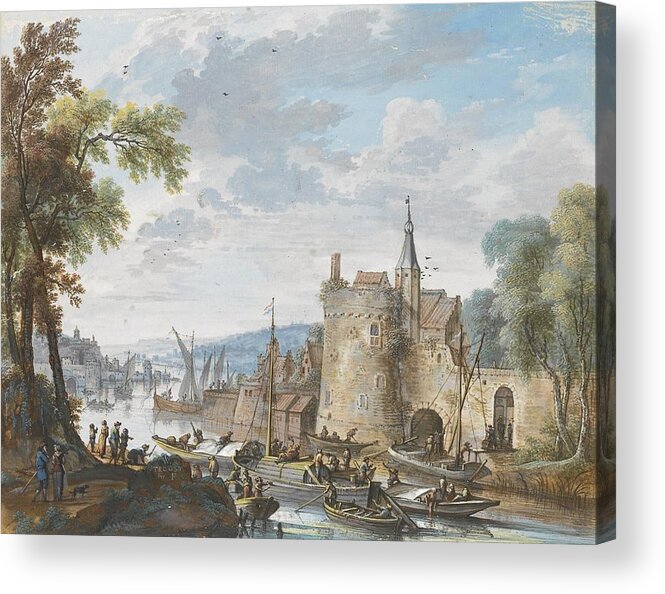 Willem Troost Acrylic Print featuring the drawing A River Landscape with small vessels by a Fortification by Willem Troost
