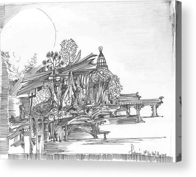 Landscape Acrylic Print featuring the drawing A temple a building and some trees by Padamvir Singh