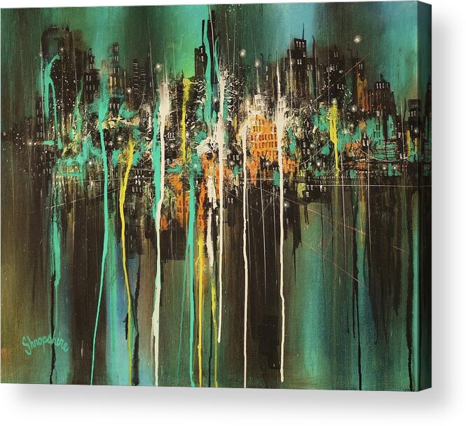 Semi-abstract; City Lights; City At Night; Tom Shropshire Paintings; Impressionistic; Night Lights; Cityscape; Urban Landscape Acrylic Print featuring the painting Across The Bay by Tom Shropshire