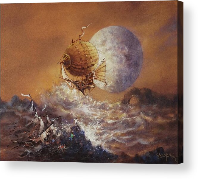 Steampunk Airship Acrylic Print featuring the painting Airship Sea Rescue by Tom Shropshire