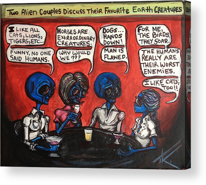 Couples Acrylic Print featuring the painting Alien couples discuss the Earths creatures over drinks by Similar Alien