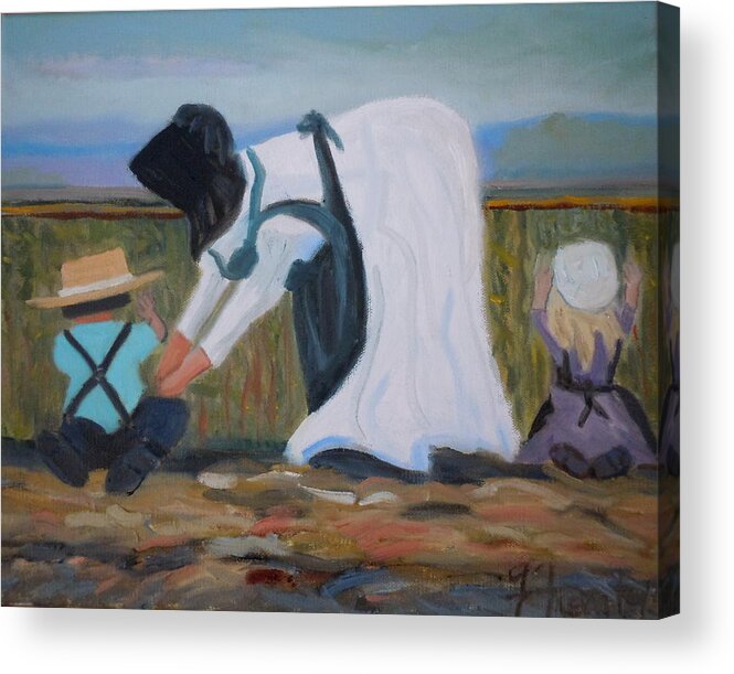 Amish Acrylic Print featuring the painting Amish Picking Peas by Francine Frank