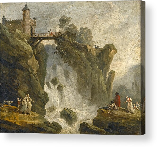 Hubert Robert Acrylic Print featuring the painting An Artist sketching with other Figures beneath a Waterfall by Hubert Robert