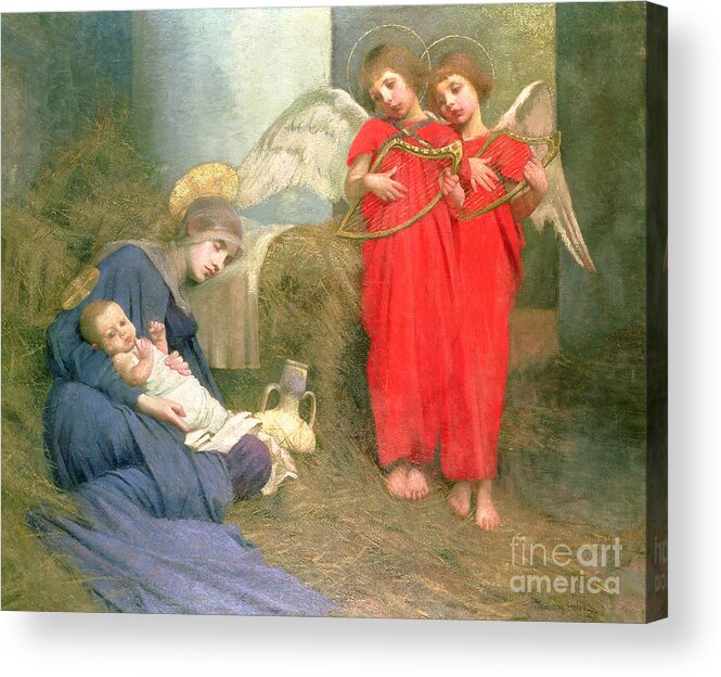 Stable; Lyre; Musical Instrument; Sleeping; Straw Acrylic Print featuring the painting Angels Entertaining the Holy Child by Marianne Stokes