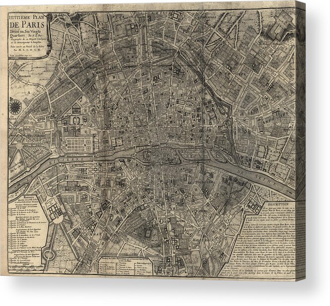 Paris Acrylic Print featuring the drawing Antique Map of Paris France by Nicolas De Fer - 1705 by Blue Monocle