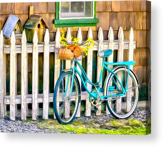 Aqua Acrylic Print featuring the photograph Aqua Antique Bicycle along Fence by Betty Denise