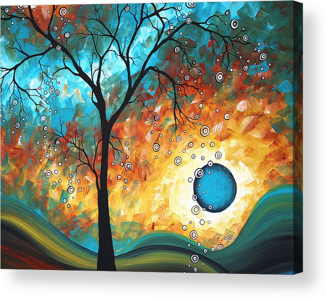 Art Painting Landscape Abstract Contemporary Painting Original Art Madart Licensing Licensor Modern Fine Art Buy Print Surreal Sun Fun Colorful Upbeat Lifestyle Brand Whimsical Tree Yellow Tan Cream Teal Aqua Turquoise Blue Circles Landscape Rust Yellow Brown Acrylic Print featuring the painting Aqua Burn by MADART by Megan Duncanson