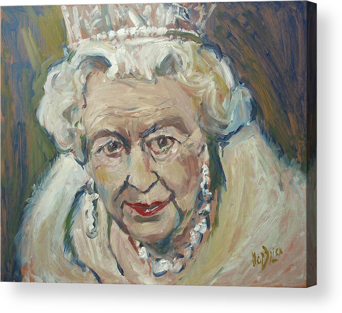Qeii Queen Queenelizabeth Elizabeth United Kingdom Acrylic Print featuring the painting At age still reigning by Nop Briex