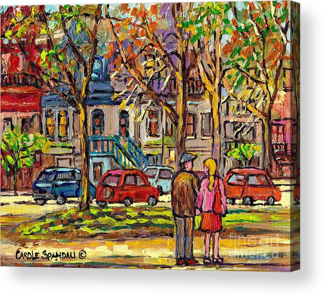 St.louis Square Acrylic Print featuring the painting Autumn City Scene Carre St Louis Couple Strolling Le Plateau Montreal Urban Art Carole Spandau    by Carole Spandau