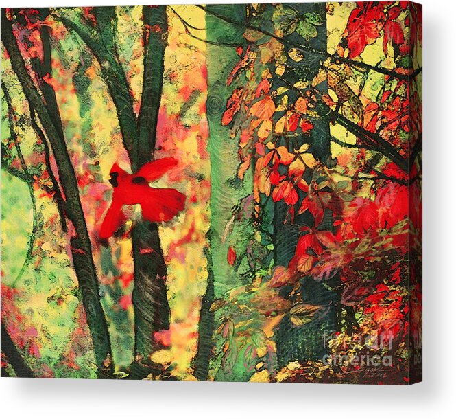 #autumn Art #cardinals #bird Art #cottage Decor #autumn Photography #trees #birds #autumn Wall Art #red Decor Acrylic Print featuring the digital art Autumn flight by Gina Signore