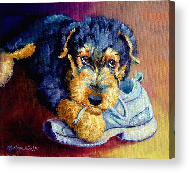 Airedale Terrier Acrylic Print featuring the painting Bad Puppy Airedale Terrier by Lyn Cook