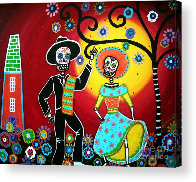 Mariachi Dancing Fiesta Bailar Day Of The Dead Painting Mexican Tree Dia De Los Muertos Flowers Blooms Paintings Prints Posters Original Folk Art Couple Happy Acrylic Print featuring the painting Bailar by Pristine Cartera Turkus