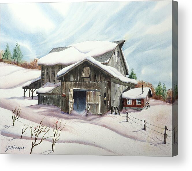 Barns Acrylic Print featuring the painting Barns in Snow by Joseph Burger