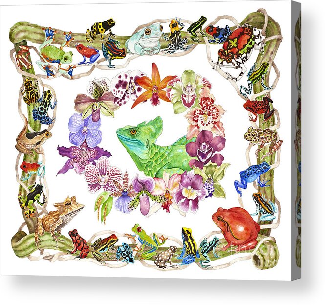 Frogs Acrylic Print featuring the painting Basilisk, Orchids, Frogs by Lucy Arnold