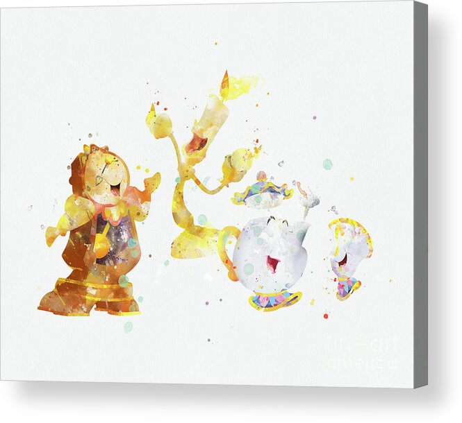 Beauty And The Beast Acrylic Print featuring the mixed media Beauty and the Beast Lumiere Cogsworth by Monn Print