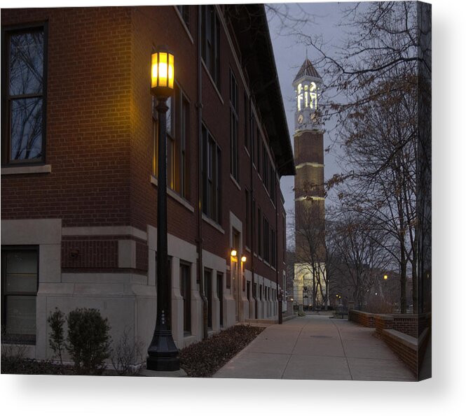 Purdue Acrylic Print featuring the photograph Bell Tower at Night color by Coby Cooper