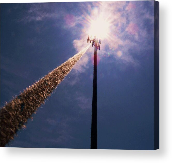 Tower Monopole Climbing Cell Cellular Communications Antenna Cellphone Rope Fall Protection Sun Solar Flare Platform Sky Clouds Blue Silhouette Beltsville Maryland Usa Workers Osha Safety Rigging Work Industry Tower Technician Rope Work Ropes Aerial High Harness Acrylic Print featuring the photograph Beltsville by Bob Geary