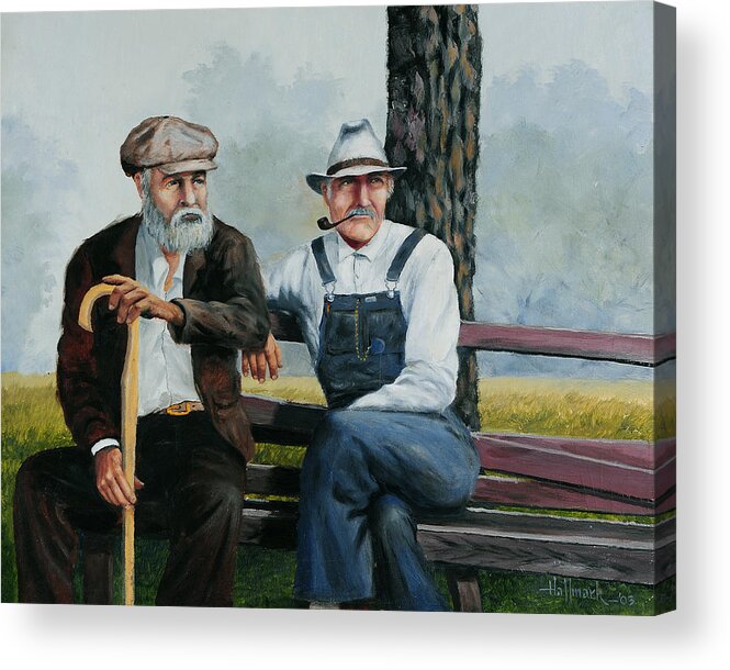 Bob Hallmark Acrylic Print featuring the painting Bench Warmers by Bob Hallmark