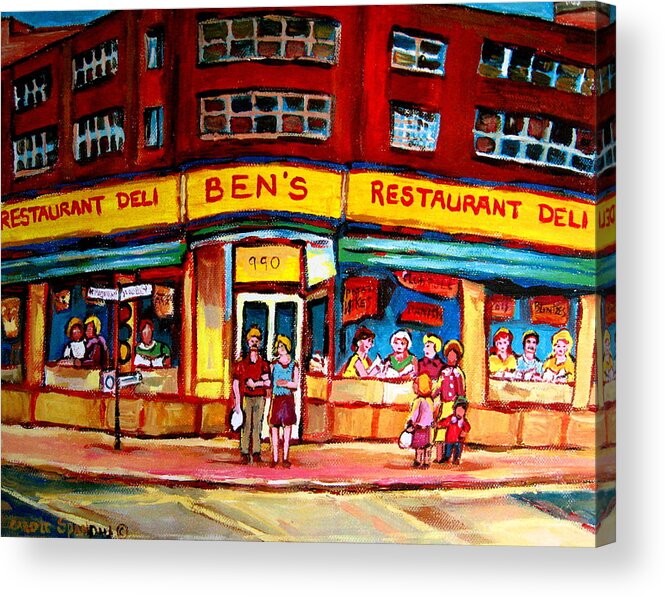 Bens Famous Restaurant Acrylic Print featuring the painting Ben's Delicatessen - Montreal Memories - Montreal Landmarks - Montreal City Scene - Paintings by Carole Spandau
