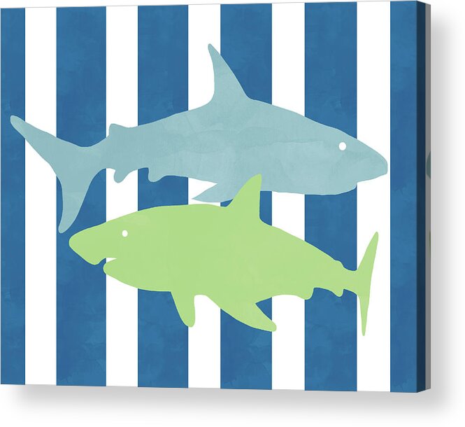 Shark Acrylic Print featuring the mixed media Blue and Green Sharks- Art by Linda Woods by Linda Woods