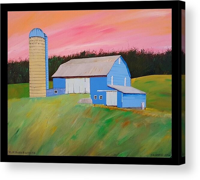 Barn Acrylic Print featuring the painting Blue Barn at Sunrise by Jim Harris