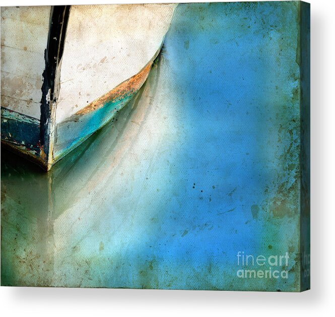 Copy-space Acrylic Print featuring the photograph Bow of an old Boat Reflecting in Water by Jill Battaglia