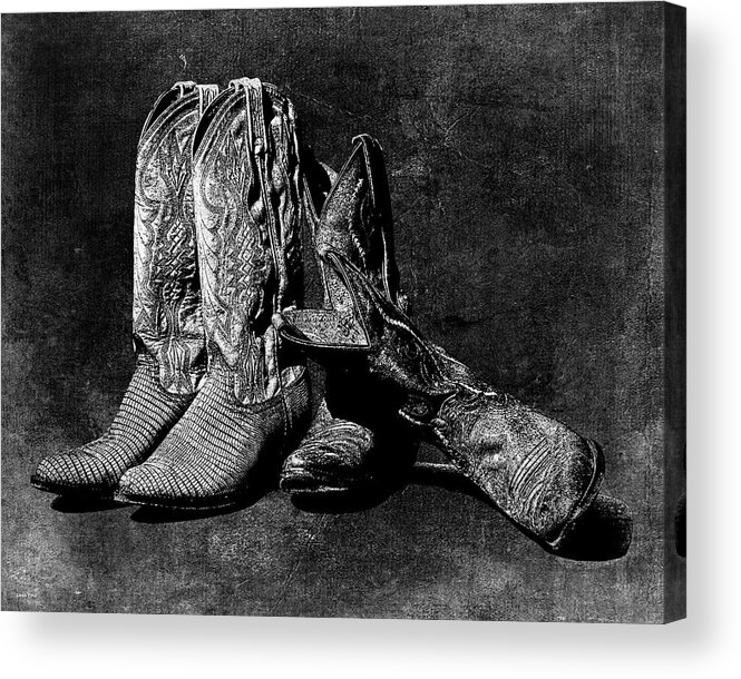 Cowboy Boots Acrylic Print featuring the photograph Boot Friends - Art BW by Lesa Fine