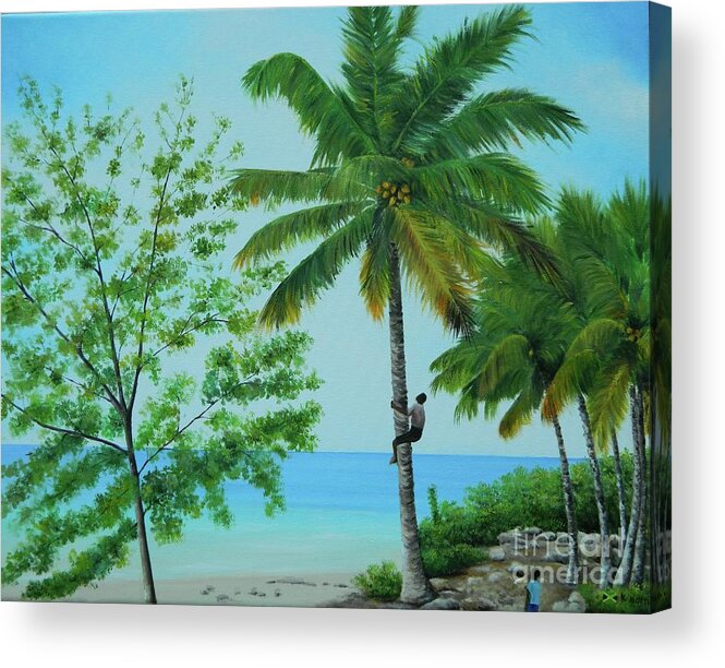 Tropical Landscape Acrylic Print featuring the painting Boy Climbing Coconut Tree by Kenneth Harris