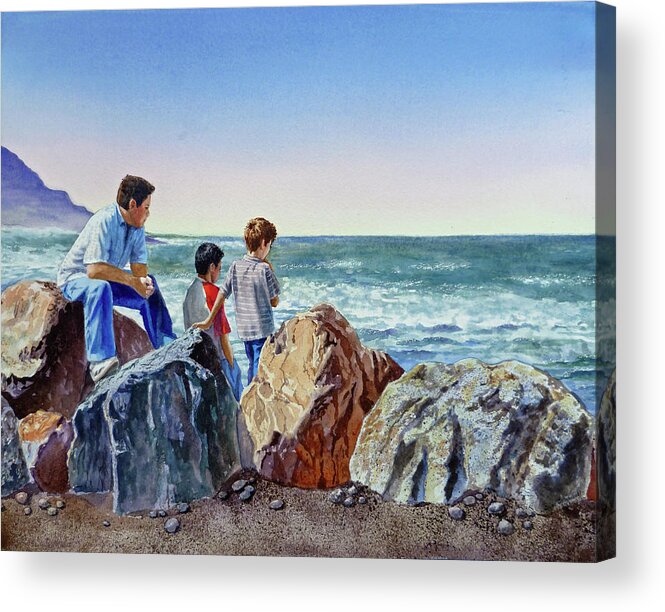 Ocean Acrylic Print featuring the painting Boys and The Ocean by Irina Sztukowski