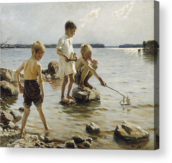 Albert Edelfelt - Boys Playing On The Shore Acrylic Print featuring the painting Boys Playing on the Shore by MotionAge Designs