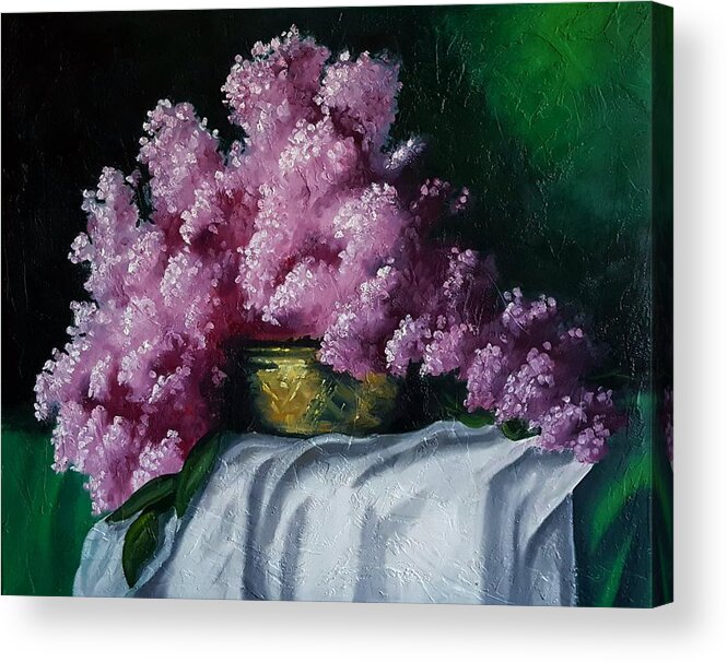 Lilacs Acrylic Print featuring the painting Brass Bowl and Flowers by Alan Conder
