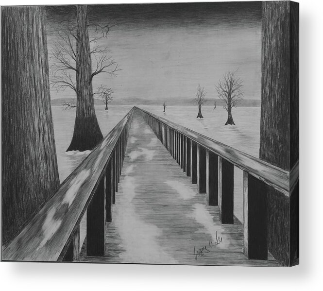 Lake Acrylic Print featuring the drawing Bridge Across Frozen Lake by Gregory Lee