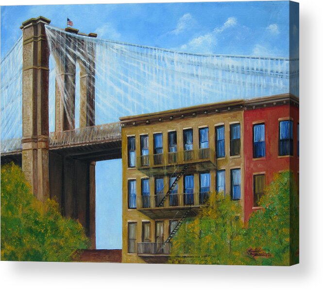Brownstones Acrylic Print featuring the painting Brooklyn Bridge by Leonardo Ruggieri