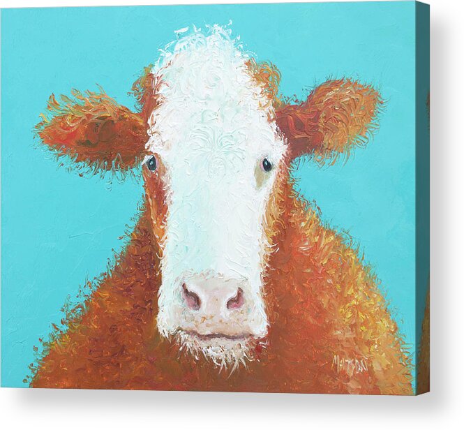 Cow Acrylic Print featuring the painting Brown Hereford on turquoise by Jan Matson