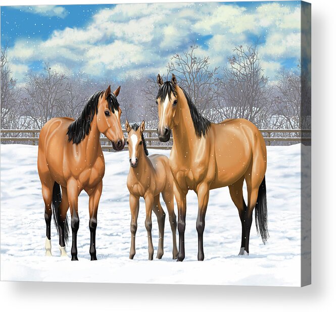 Horses Acrylic Print featuring the painting Buckskin Horses In Winter Pasture by Crista Forest
