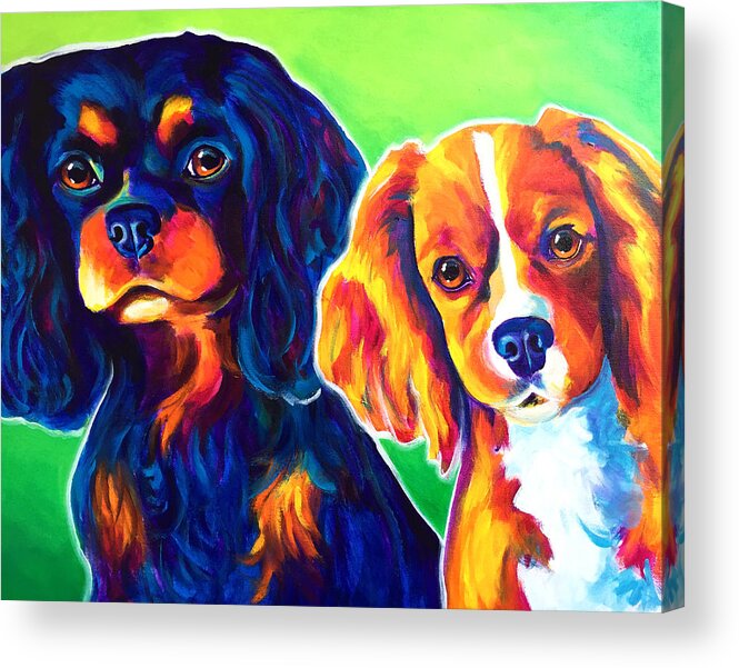 Cavalier King Charles Spaniel Acrylic Print featuring the painting Cavelier King Charles Spaniels - Saffy and Duck by Dawg Painter