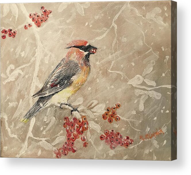 Cedar Waxwing Acrylic Print featuring the painting Cedar Waxwing by ML McCormick