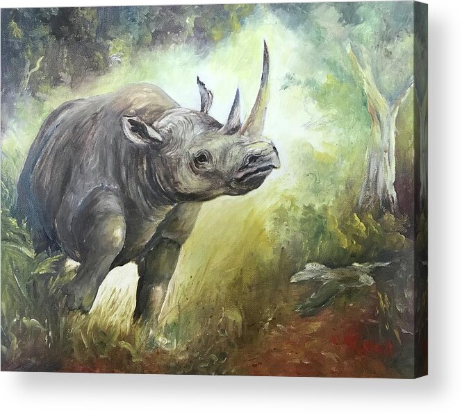 Rhino Acrylic Print featuring the painting Charging Rhino by ML McCormick
