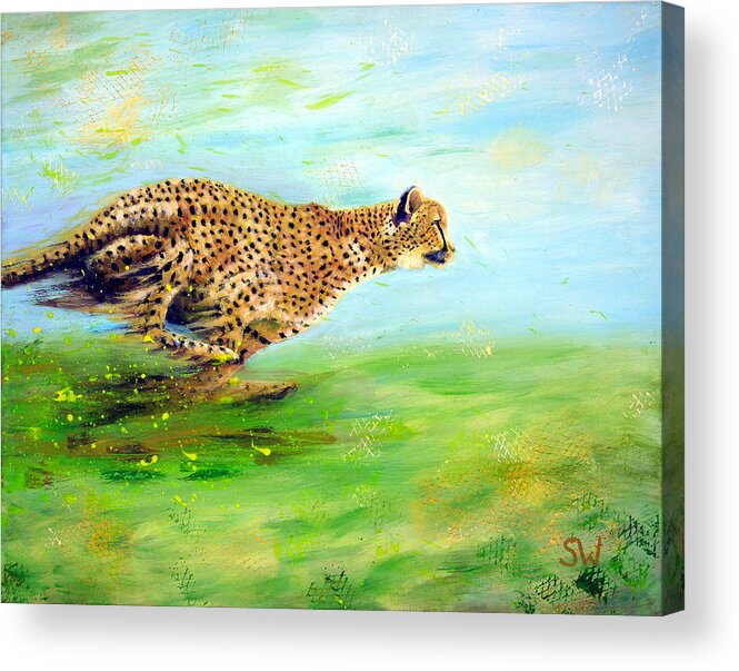 Art Acrylic Print featuring the painting Cheetah at speed by Shirley Wellstead