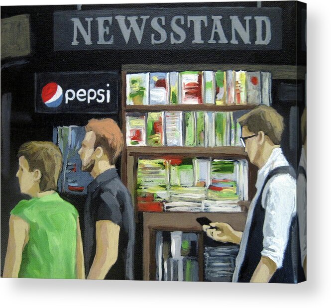 People On Street Acrylic Print featuring the painting City Newsstand - people on the street painting by Linda Apple