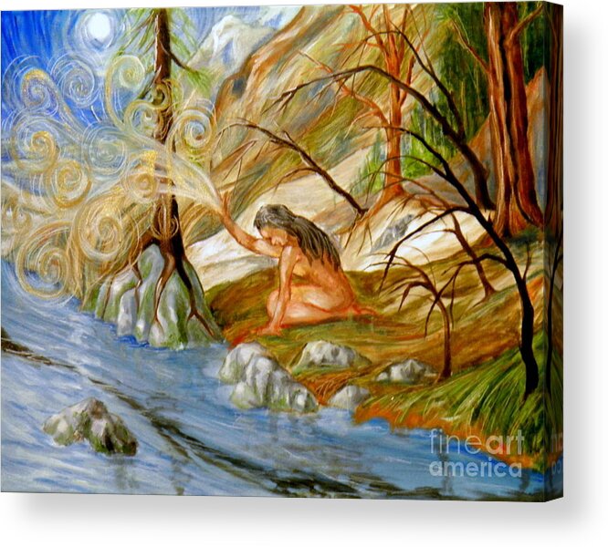 Female Woman Landscape River Trees Forest Rocks Sky Moon Light Shadow Surrealistic Branches Roots Blue White Orange Green Yellow Brown Black Grey Swirls Symbolic Acrylic Print featuring the painting Clay Woman by Ida Eriksen