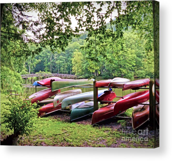 Canoes Acrylic Print featuring the photograph Colorful Canoes at Hungry Mother State Park by Kerri Farley