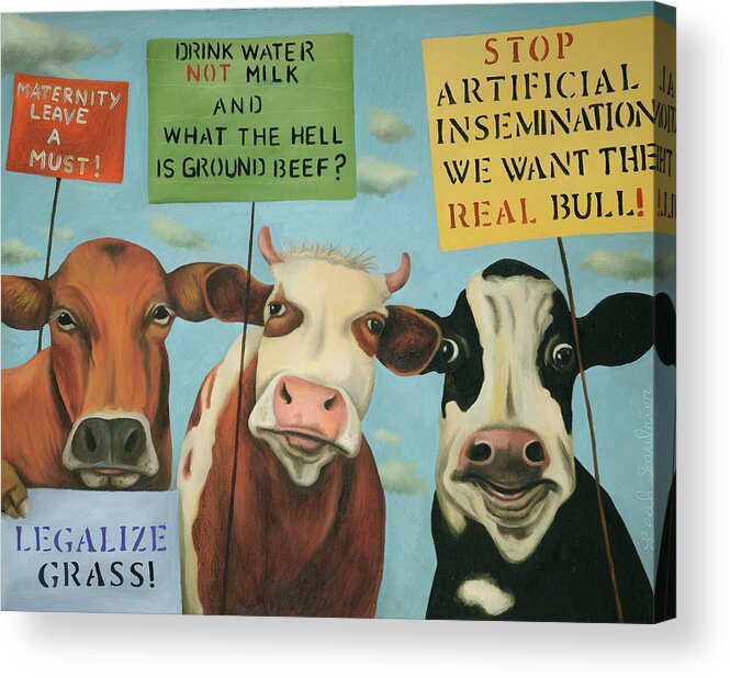 Cow Acrylic Print featuring the painting Cows On Strike by Leah Saulnier The Painting Maniac