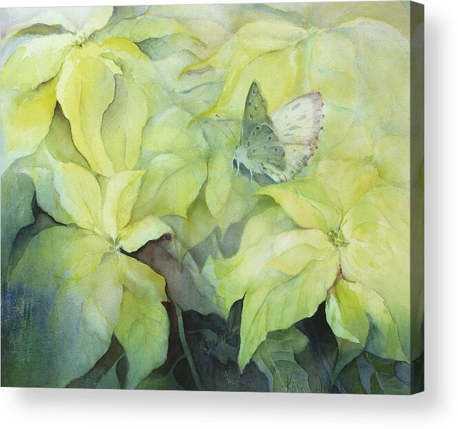 Poinsettia Acrylic Print featuring the painting Cream Poinsettia with butterfly by Karen Armitage