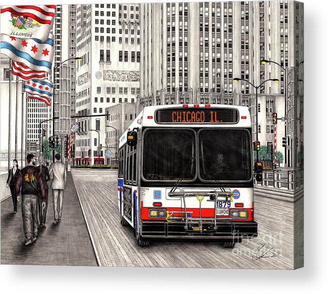 Cta Acrylic Print featuring the drawing CTA bus on Michigan Avenue by Omoro Rahim