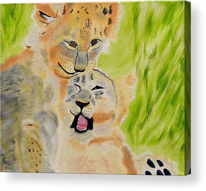 Lion Cubs Acrylic Print featuring the painting Love Spot On by Meryl Goudey