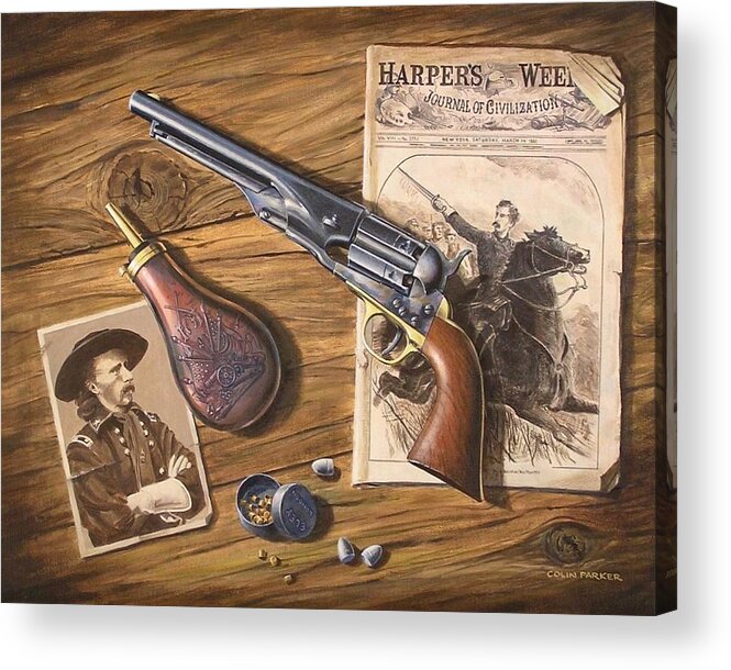 Gun Art Acrylic Print featuring the painting 'Custer's Colt' by Colin Parker